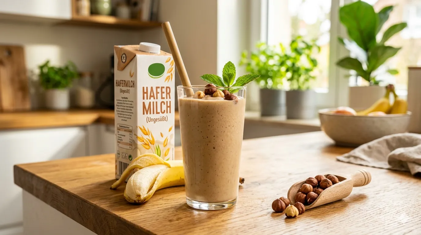 Ein einladendes Foto eines cremigen Haselnuss-Smoothies mit einem Bambus-Strohhalm, garniert mit Nüssen und Minze.