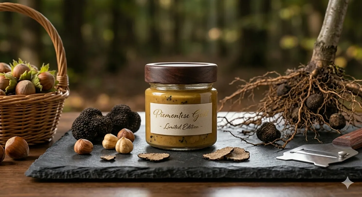 Handgefertigtes Gourmet-Praliné mit Trüffel und Haselnüssen auf Schieferplatte – piemontesische Confiserie